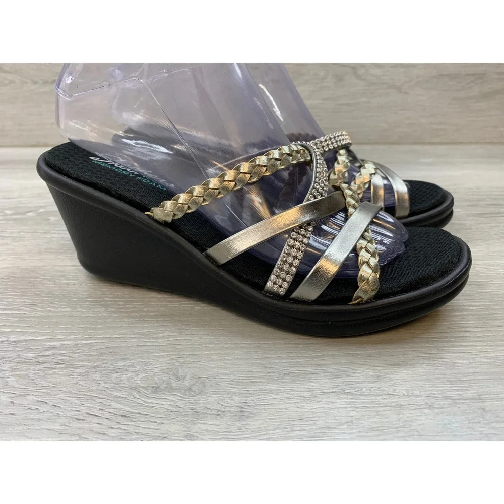 Skechers Rumblers Solar Burst Women's Wedge Sandals 8 Silver Rhinestone Shoes